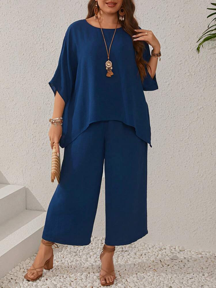 Plus Size Women's Dark Blue Batwing Sleeve Round Neck Shirt And Wide Leg Pants Set With Pockets For Summer,Spring/Vacation