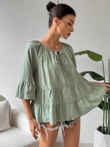 SHEIN Essnce 女士休闲度假薄荷绿色分层荷叶边袖彼得潘领亚麻衬衫夏季