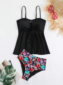 SHEIN Swim Summer Women's Bandeau Strap Front Top And Random Printed Triangle Tankini Set - Multicolor - View 7