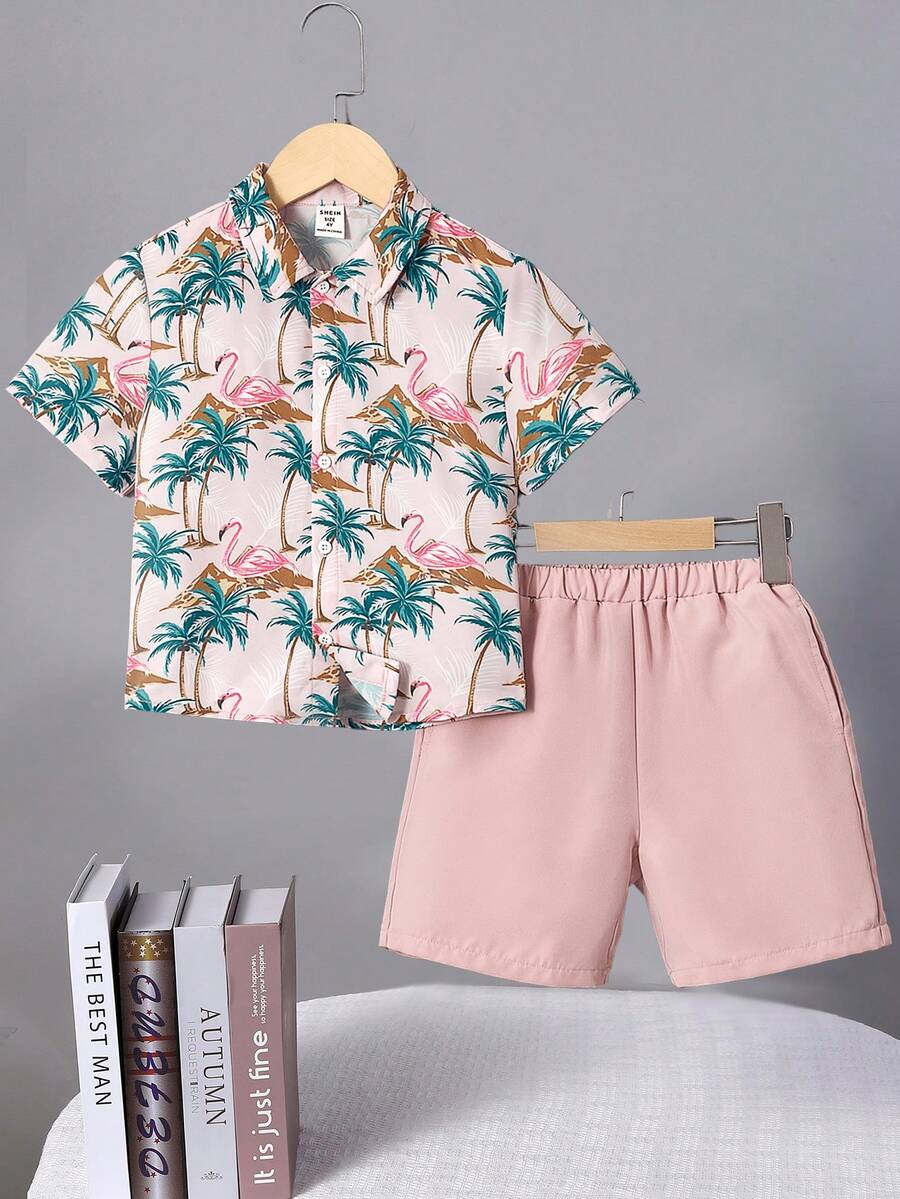 SHEIN 2 Miếng Chàng trai trẻ Kỳ nghỉ Ngọn lửa Chim & In cây dừa Vòng cổ Ngắn tay Áo sơ mi Và Bộ quần short Thích hợp Cho du lịch , Ngày lễ tình nhân , Lễ hội Buổi tiệc - Hồng - Xem 1