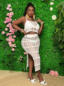 Slaydiva Plus Size Hollow Out Knitted Sweater 2pcs/Set - White - View 3