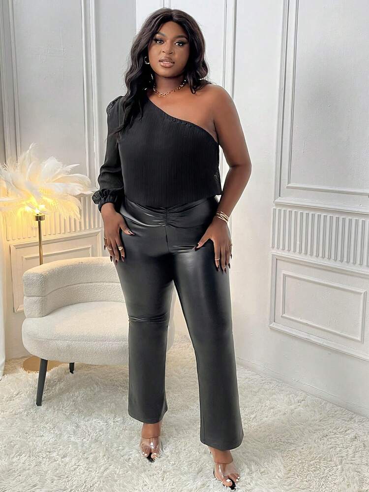 Plus Size Women's Elegant See-Through Asymmetrical Shoulder Long Sleeve Bodysuit
