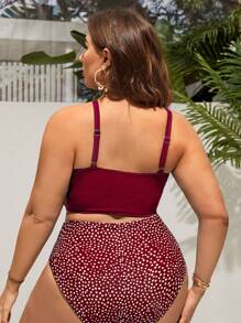 SHEIN Swim Curve 夏季海滩大码女式交叉波尔卡圆点比基尼套装新年 - 酒紅色 - 查看 2