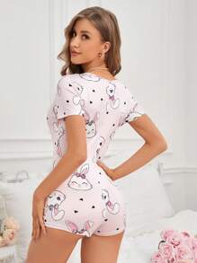 Mono De Pijama De Seda De Leche Con Impresión Digital De Conejo Con Cuello En V Para Mujer, 140g