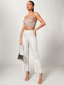 SHEIN BAE Women's Solid Color Metallic Fringe Chain Strap Tank Top Suitable For Spring/Summer Dates, Festivals, Single Parties, Music Festivals, Concerts, Nightclubs With Sequin And Chainmail Decorations - Silver - View 3
