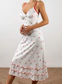 Cherry Printed Colorblock Cami Sleep Dress Pajama Dress Sun Dress Long Dress