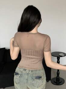 DAZY Women's Slim Fit Short Sleeve T-Shirt With Net Yarn Patchwork Summer Sheer,Crop Tops Women