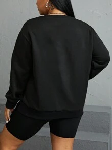 SHEIN EZwear 大码女式蜘蛛印花圆领落肩运动衫 - 黑色 - 查看 4