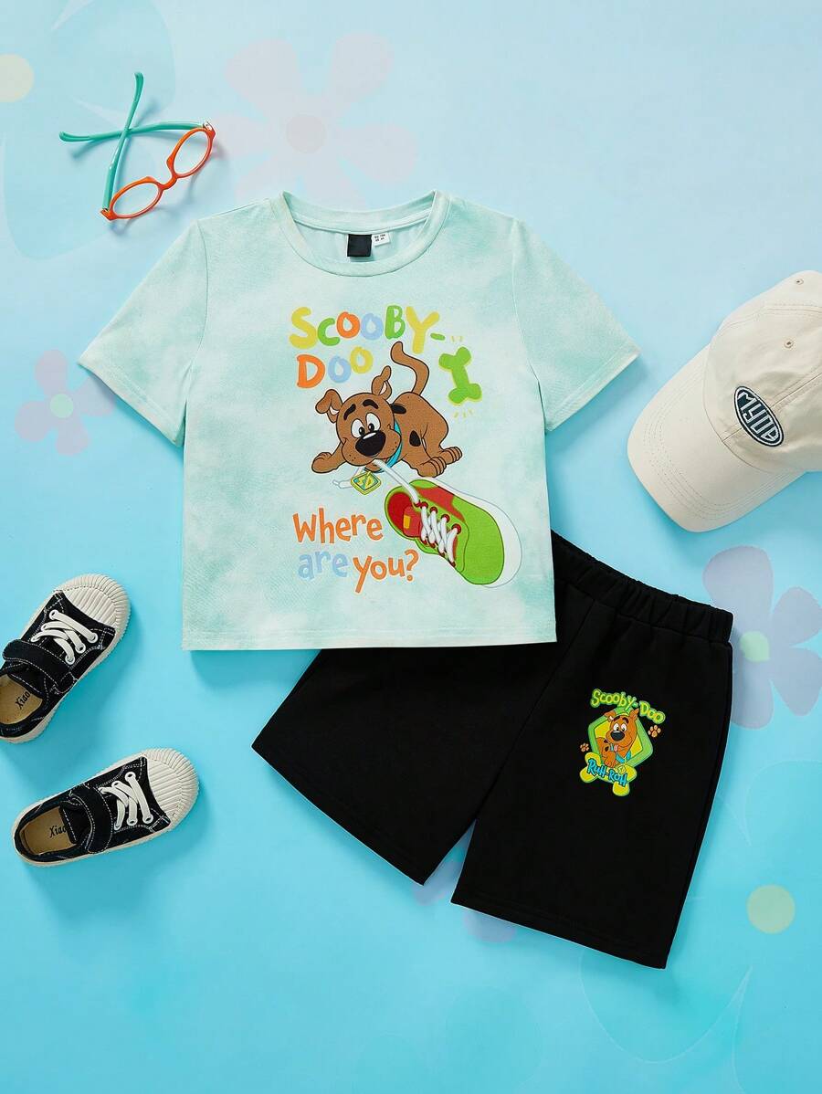 SCOOBY-DOO X SHEIN 年輕男孩印染連帽套裝,卡通字母圖案 - 綠色 - 查看 1