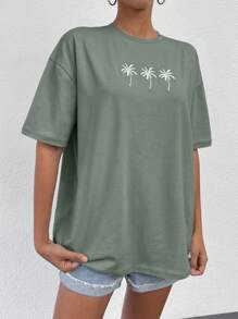 Cottnline Cotton Tropical Print Drop Shoulder Tee