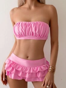 Swim Mod Summer Beach Women's Ruffled Bikini Set With Lock Edge Design - Pink - View 3