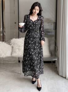 DAZY Của phụ nữ In hoa Người yêu Đường viền cổ áo Đầm - màu đen - Xem 6