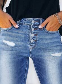 Ripped Skinny Jeans - Medium Wash - View 5