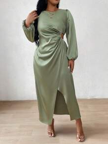 Celure Plus Size Lantern Sleeve Dress With Hollow Out Waist And Wrap Hem