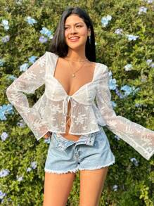 Soleia Blusa De Jacquard Com Mangas De Sino E Laço Frontal Para Mulheres - Branco - Ver 2