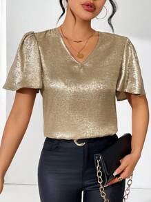 Calvaya Metallic V-Neck Blouse For New Year Holiday Party Clothes - Gold - View 3