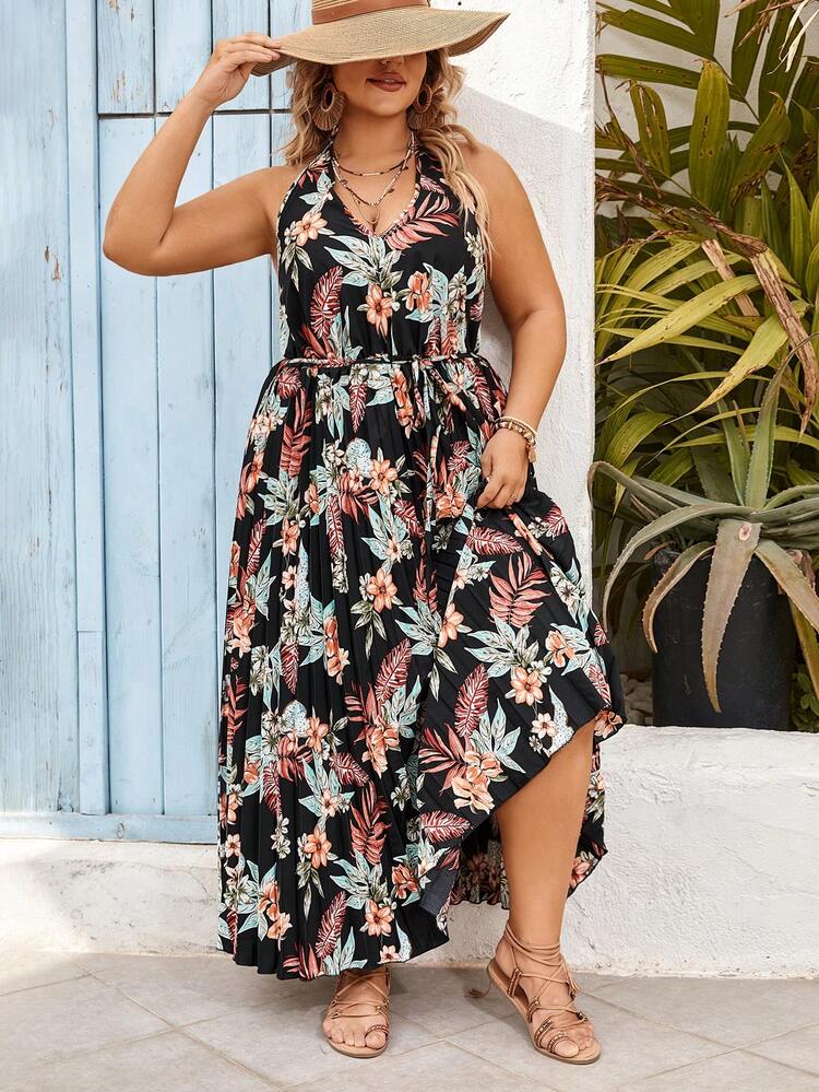 Plus Size Vacation Beach Floral Print Pleated V-Neck Cinched Waist Dress With Halter Neckline