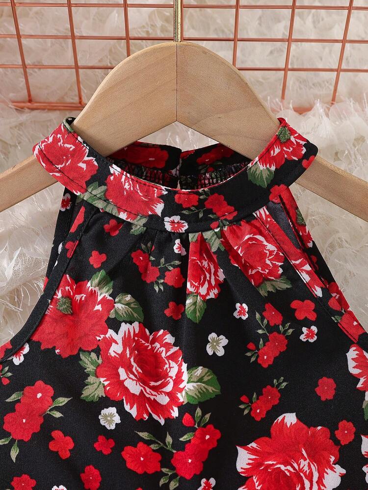 Baby Girl Rose Pattern Halter Top And Shorts Set