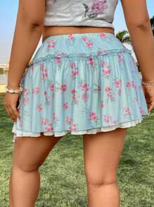Flirla Plus Size Women's Floral Print Frill Hem Skirt