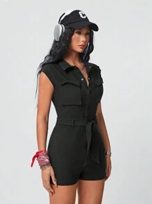 SHEIN EZwear Women's Solid Color Jumpsuit With Tie Waist And Dolman Sleeves, Versatile