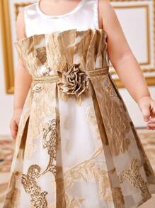 SHEIN Baby Girl Color-Blocked Gold Floral Pattern 3d Flower Sleeveless Dress - Beige - View 6