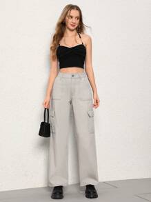 SHEIN EZwear Women's Cargo Pocket Straight Leg Jeans - Light Grey - View 5