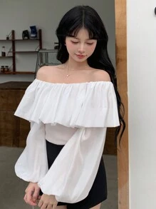 DAZY Solid Color Off-Shoulder Ruffle And Lantern Sleeve Women's Shirt,Off Shoulder Top Long Sleeve Top Going Out Tops - White - View 11