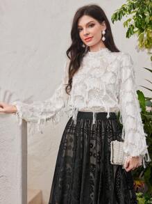 Modelyn Solid Color Cutout Embroidery Tassel Lantern Sleeve Shirt - Apricot - View 7