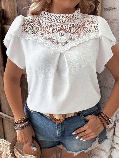 Calvaya Plus Size Solid Color Lace Patchwork Puff Sleeve Shirt