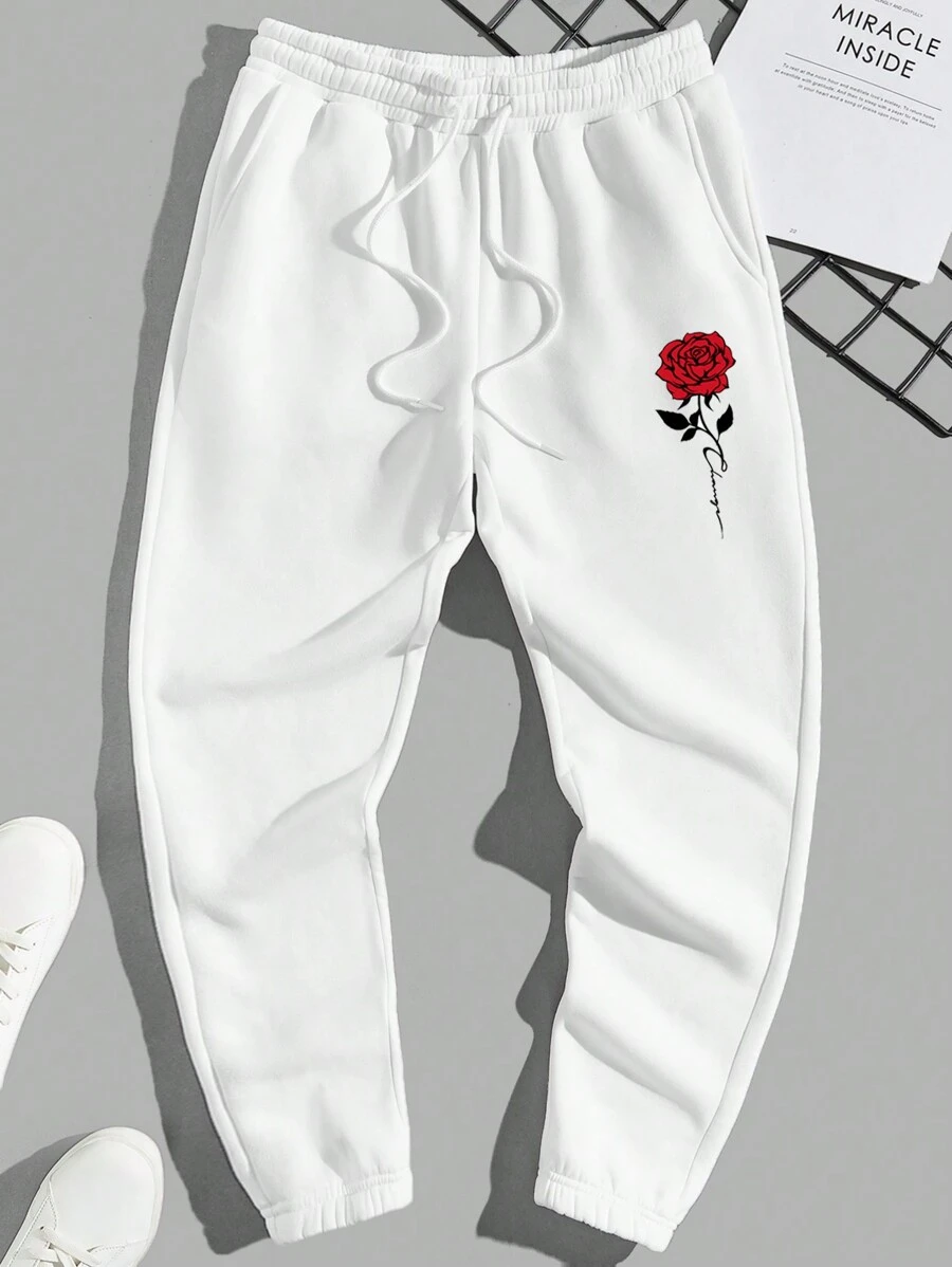 EURMUSE Cotton Men Rose & Skull Print Drawstring Waist Sweatpants - White - View 1