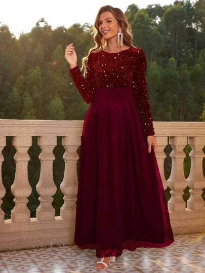 Joyfunear Maternity Sequin Patchwork Sheer Mesh Long Sleeve Elegant Dress, For Party