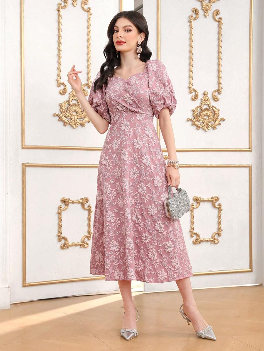 Modelyn Của phụ nữ Ngắn tay Dệt hoa Đầm - Hồng - Xem 1