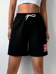 RueChic Slogan Graphic Drawstring Waist Track Shorts - Black - View 3