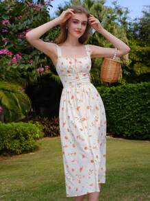 Vestido Feminino Com Estampa De Plantas E Alça Espaguete Franzido Com Cintura Elástica E Franzido Na Frente