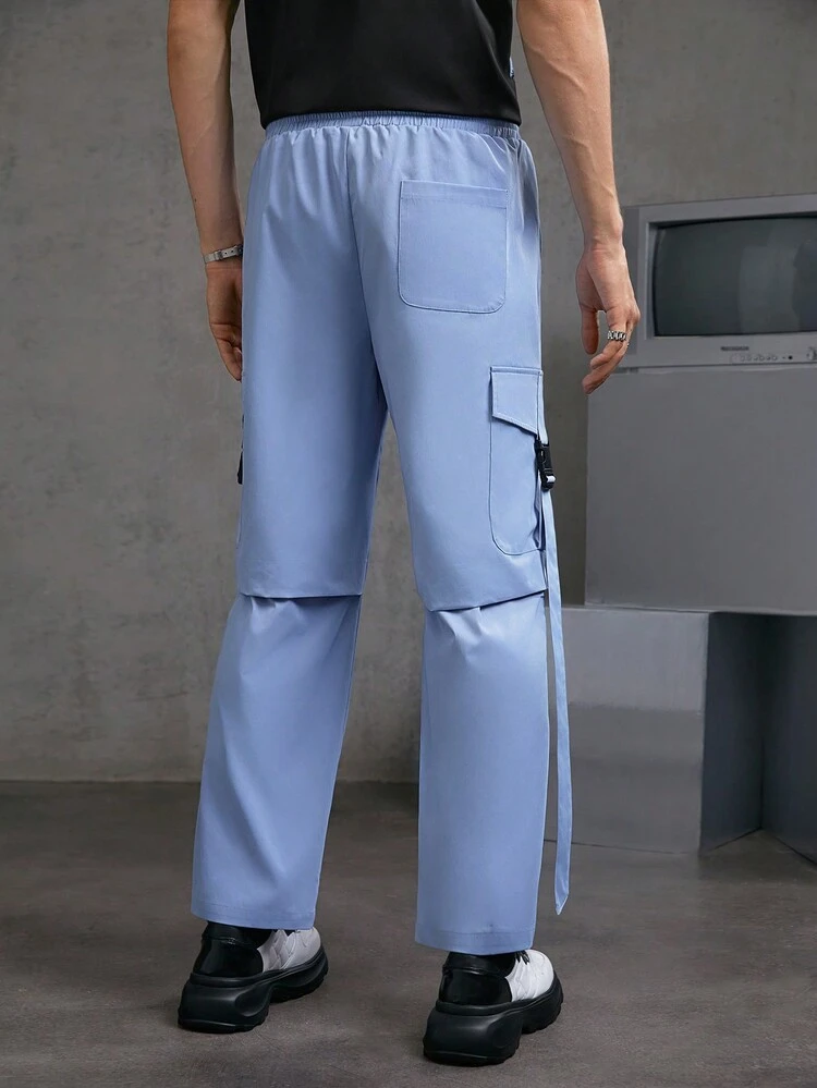 Men's Loose Fit Blue Pants With Buckle And Pockets For Daily Wear In Spring And Summer