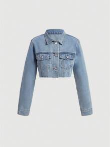 SHEIN MOD Women's Short Cropped Denim Jacket With Frayed Hem - Light Wash - View 1