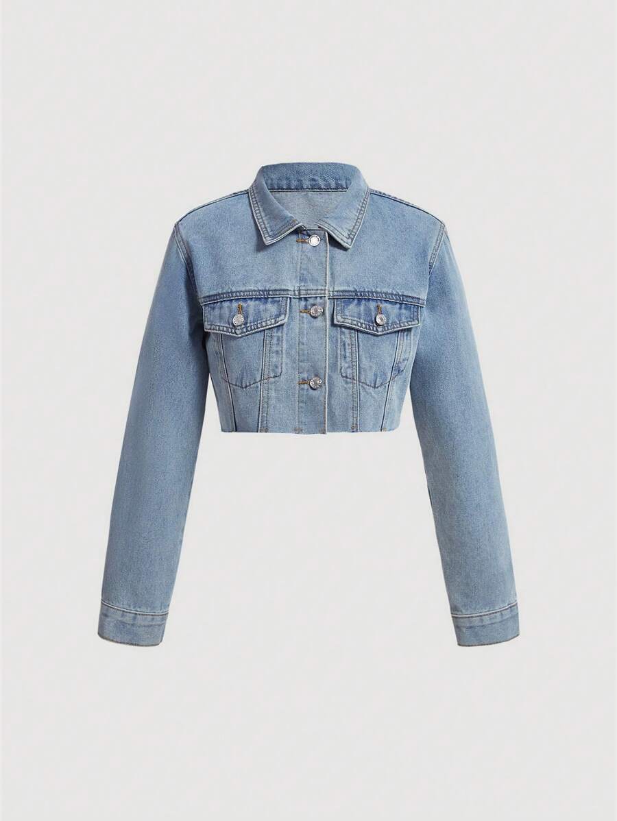 SHEIN MOD Women's Short Cropped Denim Jacket With Frayed Hem - Light Wash - View 1