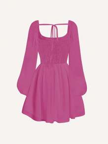 SHEIN Unity Vestido De Manga De Linterna De Color Sólido - Rosa Fucsia - Ver 2