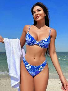 Swim Vcay Summer Beach Random Printed Bikini Set With Steel Ring - Multicolor - View 6