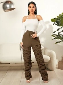 SHEIN SXY High Waist Drawstring Side Striped Pants - Coffee Brown - View 1