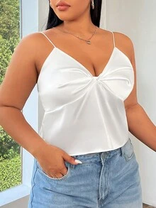 CovetEZ Kích thước lớn Mặt trước Xoắn Xa ten Cami ngọn Với Xếp - trắng - Xem 4