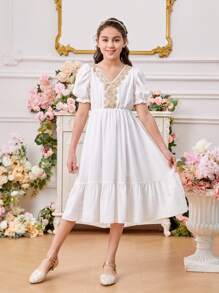 Tween-mädchenkleid Mit V-ausschnitt, Puffärmeln, Goldener Spitzenverzierung Vorne Und Abnehmbarem Gürtel - Weiss - Übersicht 5