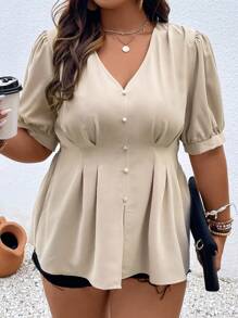 SHEIN LUNE 加大泡泡袖褶皱细节衬衫荷叶边上衣 - 杏色 - 查看 5