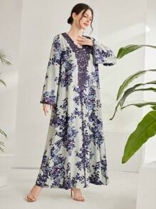 Al Najma Embroidery And Patchwork Flower Pattern Bell Sleeve Kaftan Modest Long Sleeve Arabian Dress