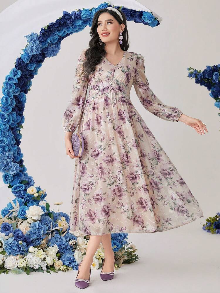 Women's Floral Print Lantern Sleeve Dress Maxi Women Outfit