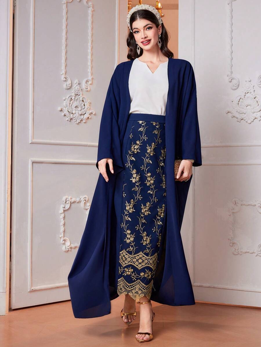 Al Najma Ladies' Solid Color Long Sleeve Open Front Coat And Floral Print Skirt Two Pieces Set 2 Pieces Set - Blue - View 1
