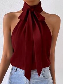 RosyDaze 正面繫帶無袖掛脖襯衫 - 酒紅色 - 查看 3