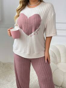 大碼愛心和字母刺繡上衣純色褲子睡衣套裝