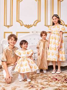 SHEIN Tween Girl's Loose Fit Casual Round Neck Bubble Sleeve Dress - Gold - View 2