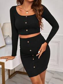 SHEIN Bộ đồ hai mảnh áo crop top cài nút và chân váy có thể điều chỉnh cho bà bầu - màu đen - Xem 1